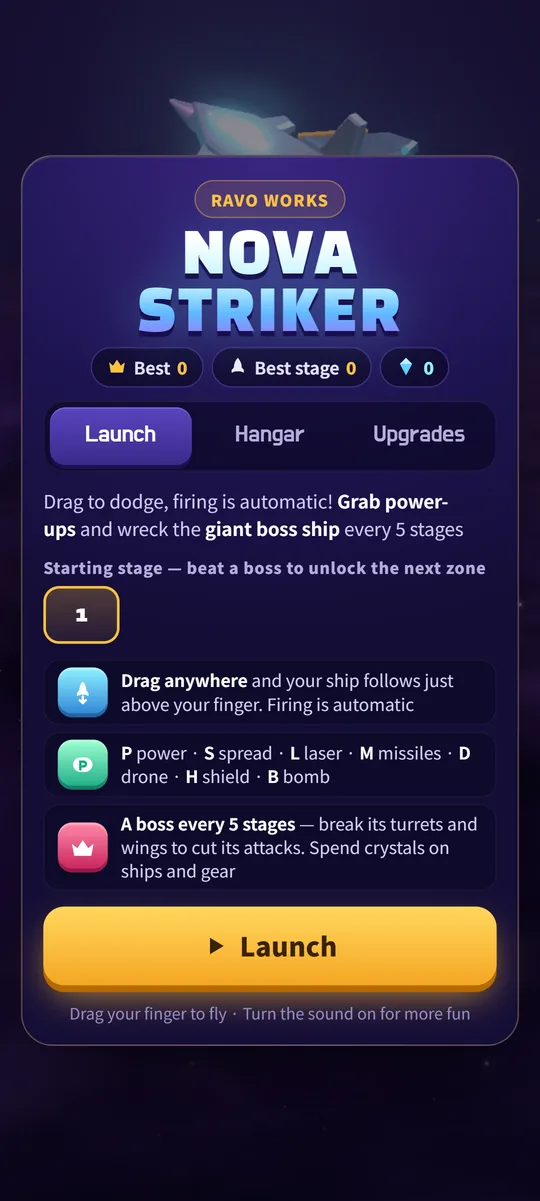 Nova Striker hangar and launch screen